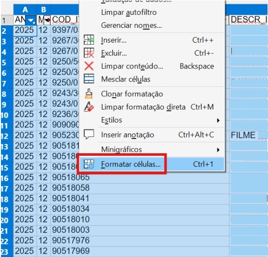 Menu de contexto do Excel com destaque em vermelho na opção "Formatar células..." para ajuste de dados.