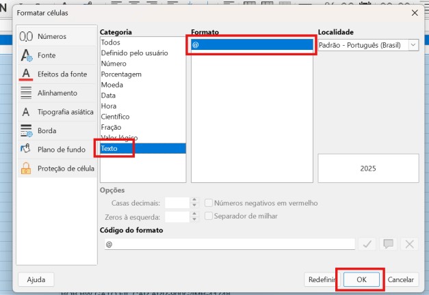 Janela "Formatar células" configurando a categoria para "Texto" e confirmando a alteração no botão OK.