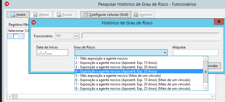 Janela "Histórico de Grau de Risco" aberta, exibindo lista de opções de exposição a agentes nocivos e tempo de aposentadoria.