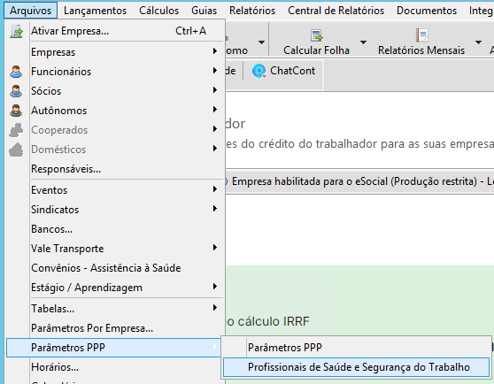 Menu 'Arquivos', subitem 'Parâmetros PPP' e opção 'Profissionais de Saúde e Segurança do Trabalho' selecionada.