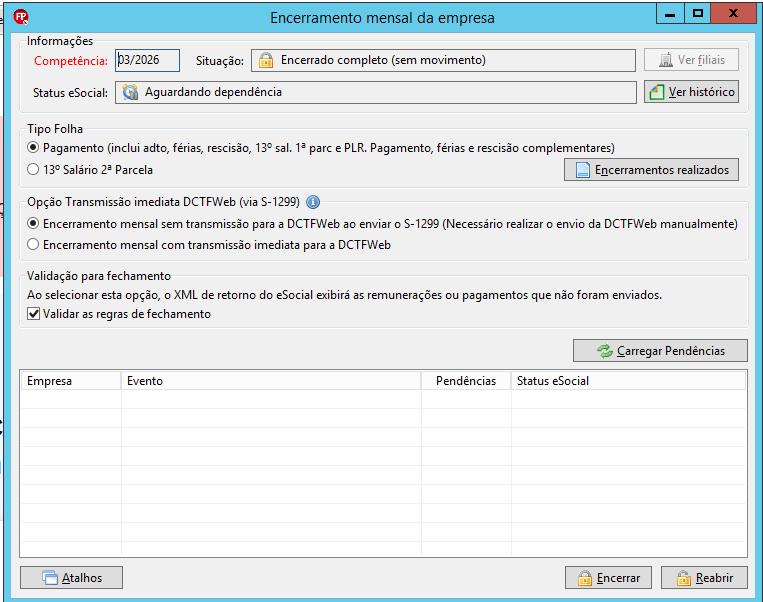 Tela de encerramento após processamento, exibindo situação "Encerrado completo (sem movimento)" e status "Aguardando dependência".