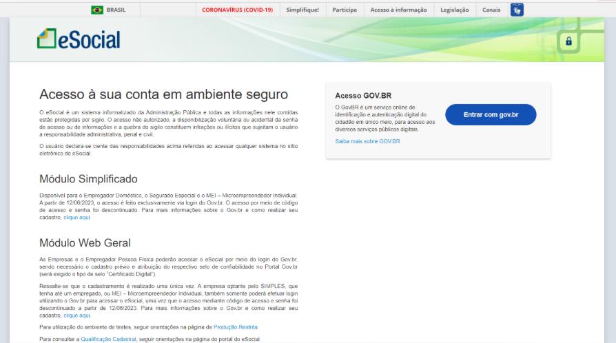Tela inicial de login do portal eSocial com opções de acesso via gov.br e módulos Simplificado e Web Geral.