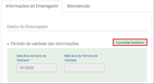 Aba "Informações do Empregador" no eSocial exibindo validade desde 01/2023 e botão "Consultar histórico".