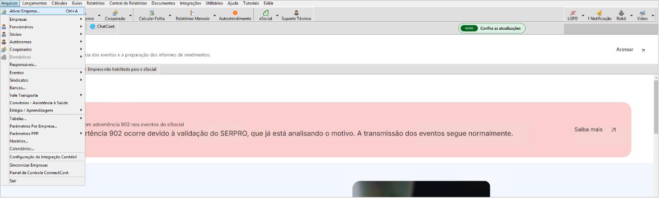 Menu lateral do software Contmatic Phoenix com foco na aba "Arquivos" e lista de cadastros como Empresas e Funcionários.