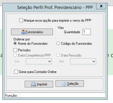 Janela Seleção Perfil Profissiográfico Previdenciário - PPP, com filtros de funcionários, ordenação e períodos para a emissão do relatório.