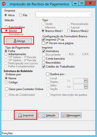 Tela de Impressão de Recibos de Pagamentos com seleção para Sócios e botão Imprimir em destaque.