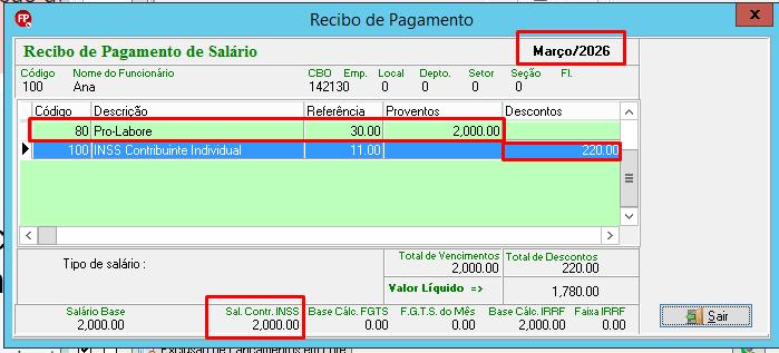 Recibo de Pagamento de Salário de Março/2026 detalhando Pro-Labore, desconto de INSS e base de cálculo.