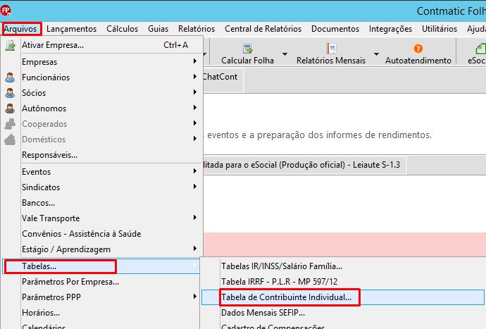 Menu Arquivos, subitem Tabelas e seleção da opção Tabela de Contribuinte Individual no software Contmatic.