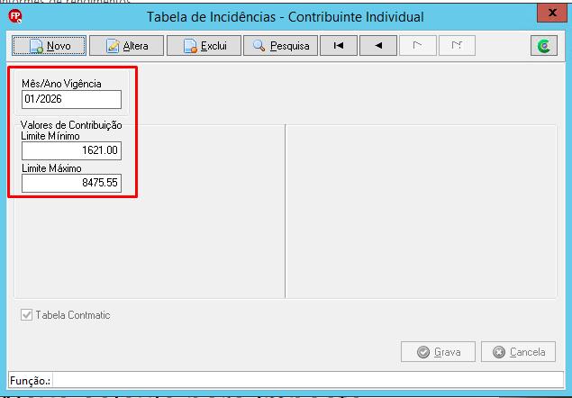 Tela Tabela de Incidências - Contribuinte Individual com campos de vigência e limites de contribuição destacados.