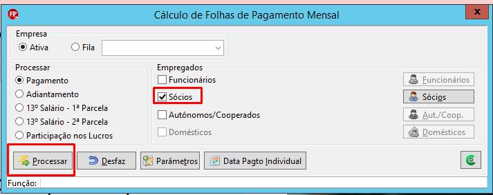 Janela de Cálculo de Folhas de Pagamento Mensal com a opção Sócios selecionada e o botão Processar em destaque.