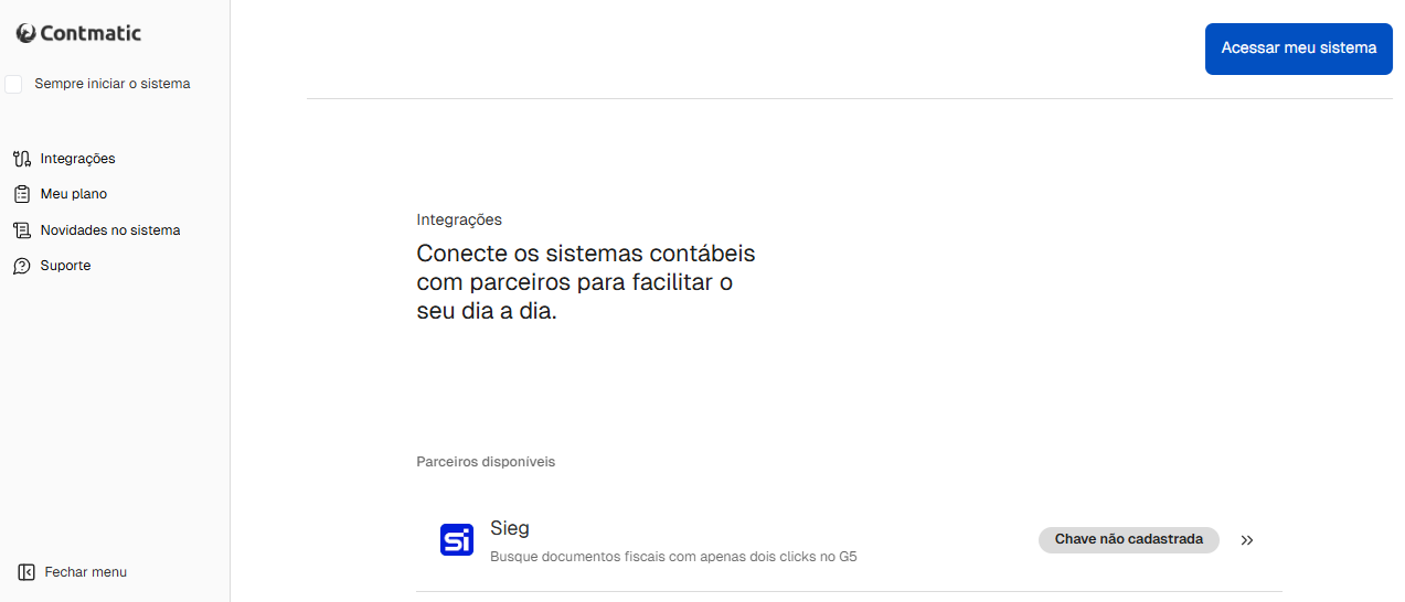 Aba Integrações dentro do cadastro da empresa, com a opção Sieg selecionada e o botão Salvar.