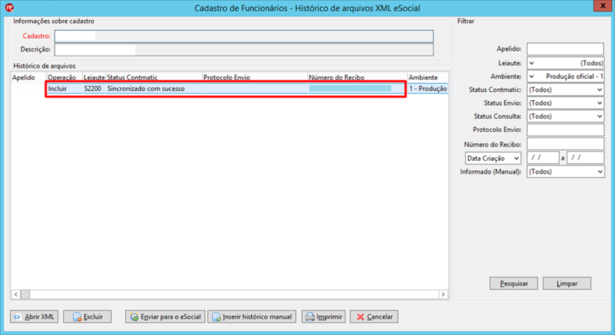 Janela "Histórico de arquivos XML eSocial" exibindo o evento S-2200 sincronizado com sucesso.