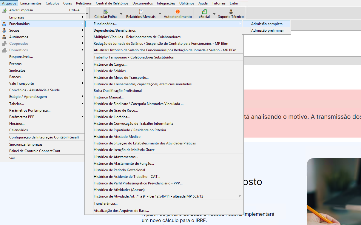 Menu do sistema: Arquivos > Funcionários > Funcionários > Admissão completa.