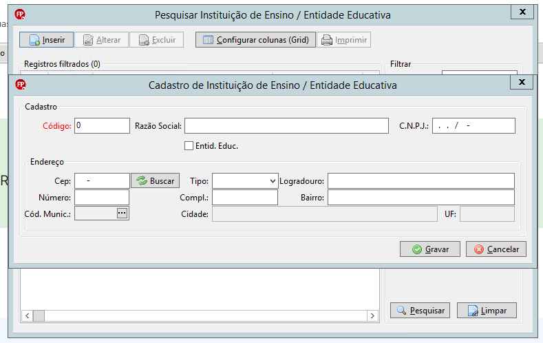 Tela de Cadastro de Instituição de Ensino com campos para preenchimento de Código, Razão Social, CNPJ e informações completas de Endereço.