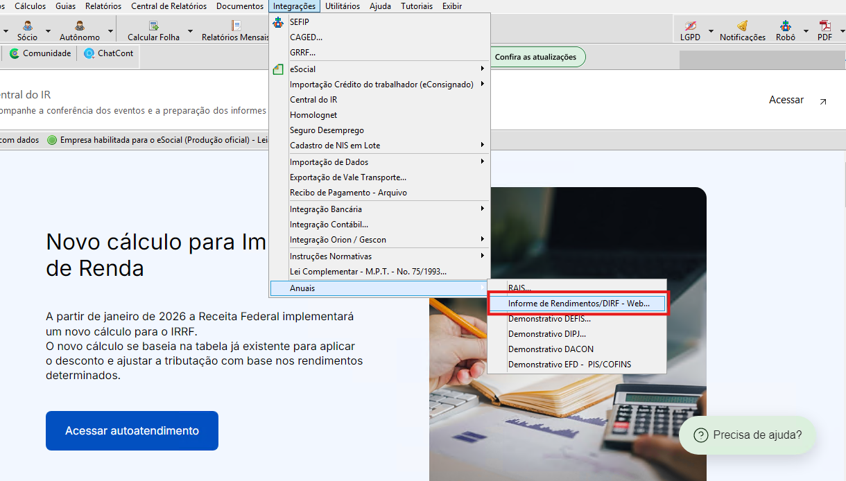 Menu do sistema de folha de pagamento destacando o caminho: Integrações > Anuais > Informe de Rendimentos/DIRF - Web.