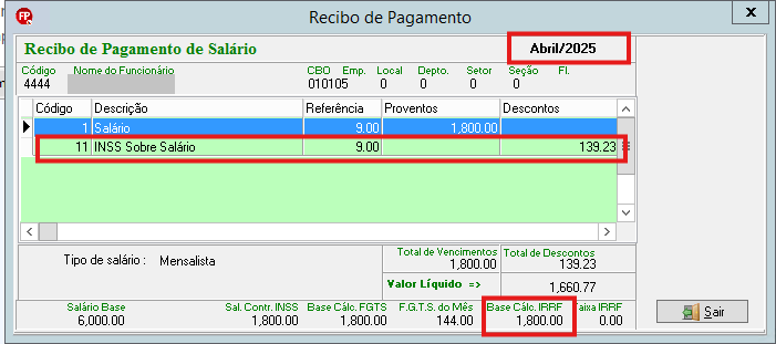 Recibo de pagamento de Abril/2025 mostrando salário de R$ 1.800,00 e base de cálculo de IRRF.