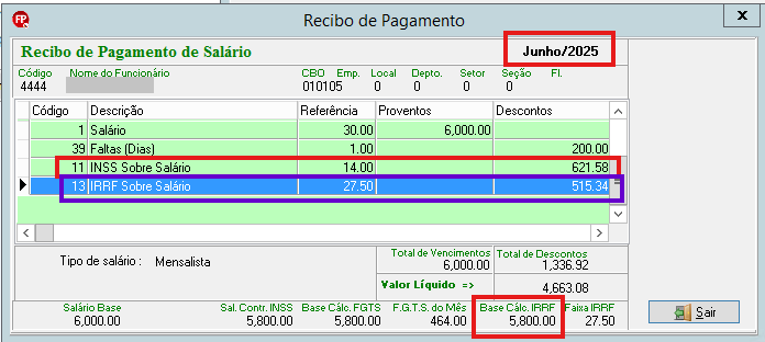 Recibo de pagamento de Junho/2025 apresentando falta injustificada, desconto de INSS e IRRF de R$ 515,34.