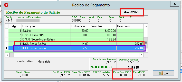 Recibo de pagamento de Maio/2025 com salário, horas extras, DSR, INSS e desconto de IRRF de R$ 794,84.