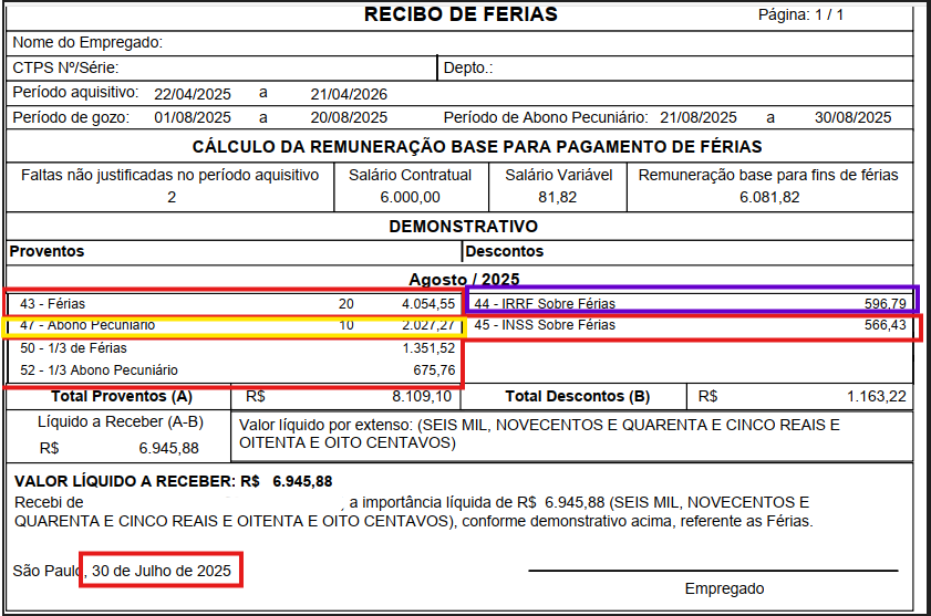 Recibo de férias de agosto/2025, datado de 30 de julho, detalhando proventos, abono pecuniário, INSS e IRRF sobre férias.