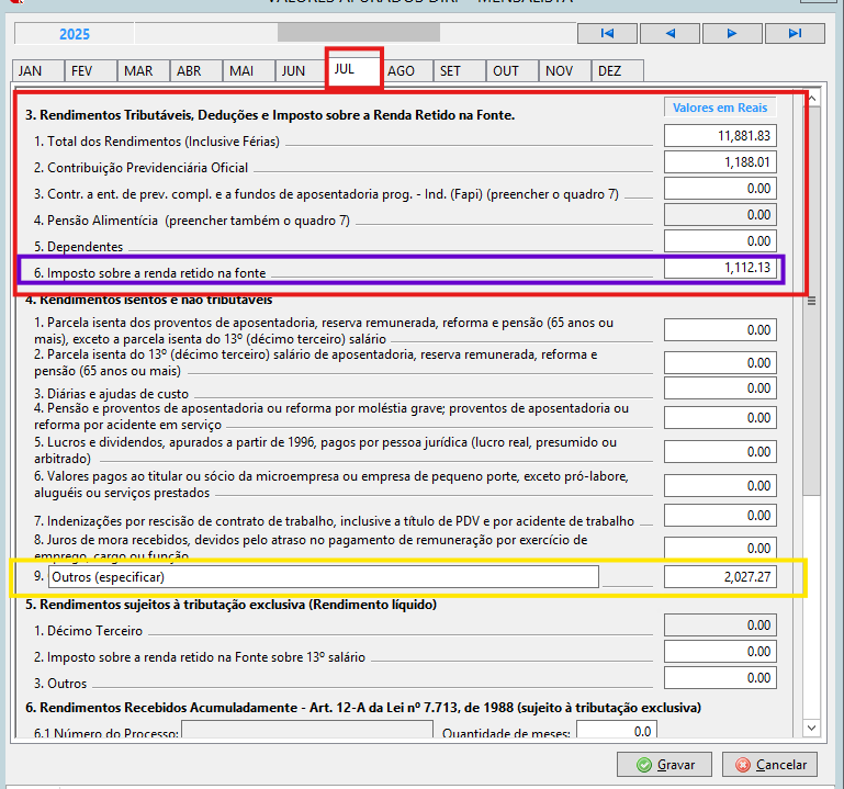 Conferência DIRF de julho/2025 consolidando rendimentos da folha e férias, com destaque para o abono pecuniário em "Rendimentos Isentos".