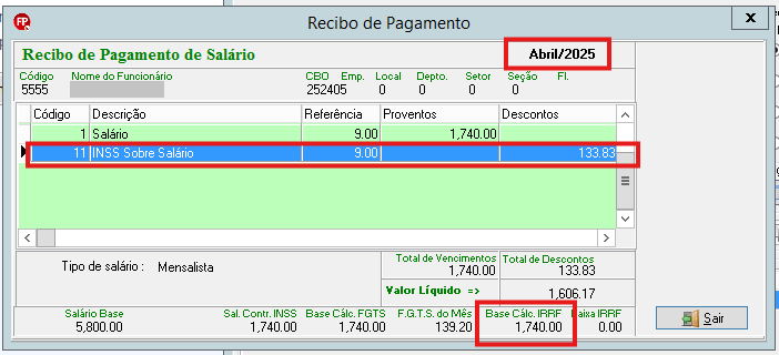 Recibo de pagamento de Abril/2025 com destaque para o desconto de INSS e a Base de Cálculo do IRRF de 1.740,00.