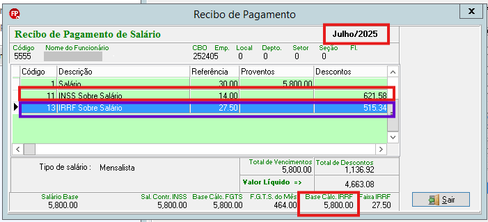 Recibo de Julho/2025 mostrando salário base de 5.800,00 e os respectivos descontos de INSS e IRRF.
