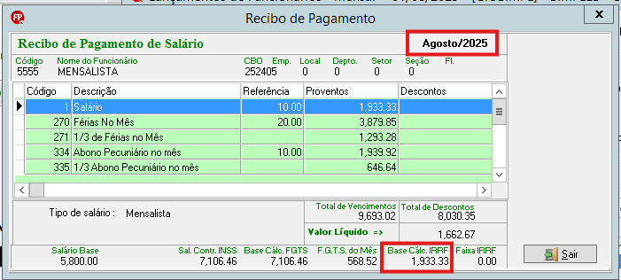 Recibo de Agosto/2025 listando proventos de dias trabalhados somados aos valores de férias e abono no mês.