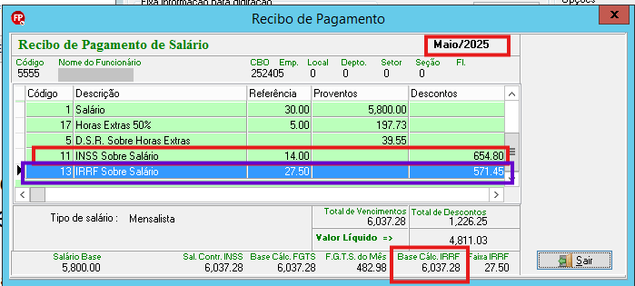 Recibo de pagamento de Maio/2025 detalhando salário, horas extras e os descontos de INSS e IRRF (571,45).