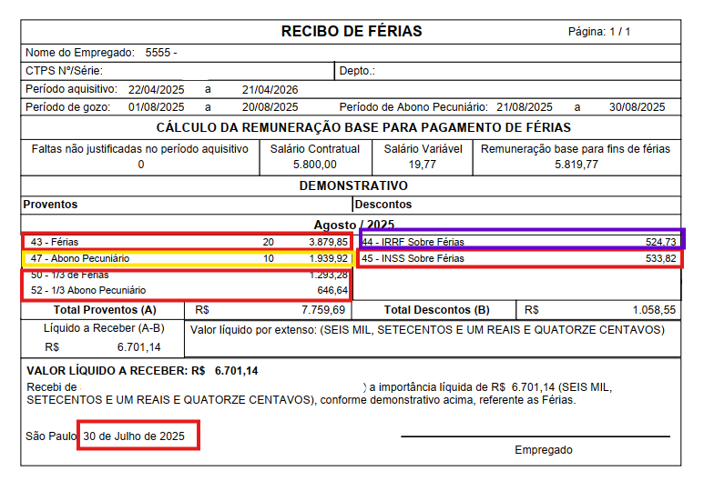 Recibo de férias datado de 30 de julho de 2025, detalhando férias, abono pecuniário, terço constitucional e descontos.