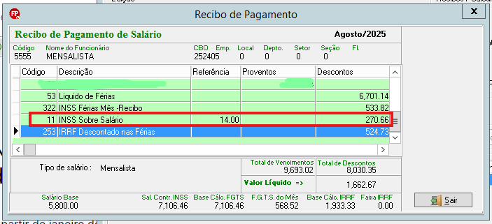 Recibo de Agosto/2025 listando proventos de dias trabalhados somados aos valores de férias e abono no mês.