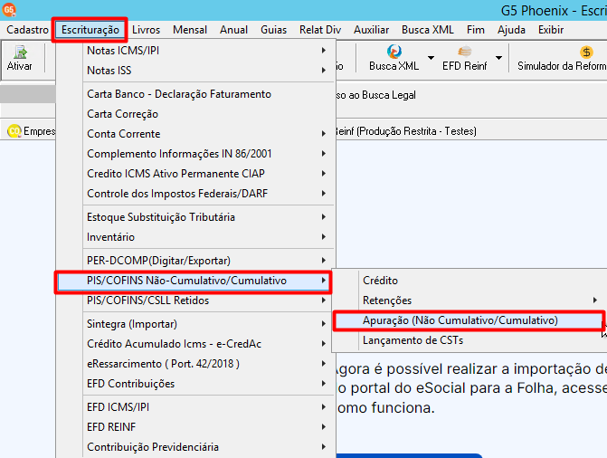 Menu Escrituração do sistema G5, destacando o acesso a PIS/COFINS Não-Cumulativo/Cumulativo > Apuração.