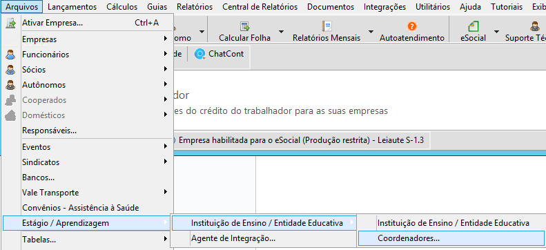 Menu Arquivos, caminho Estágio / Aprendizagem, subitem Instituição de Ensino e opção Coordenadores destacada no sistema.