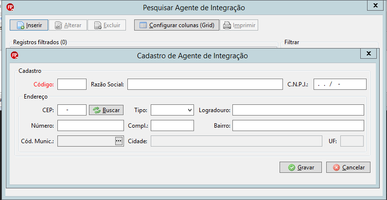 Tela de Cadastro de Agente de Integração contendo campos para inserção de Código, Razão Social, CNPJ e dados detalhados de Endereço.