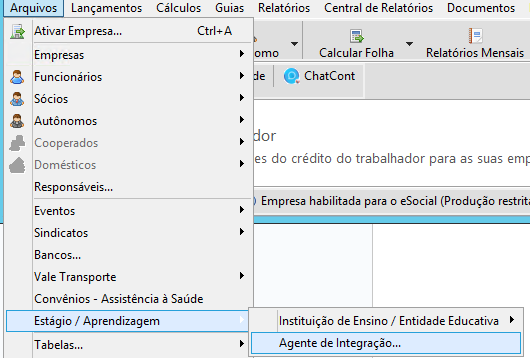 Menu Arquivos, subitem Estágio / Aprendizagem e opção Agente de Integração selecionada para navegação no software.