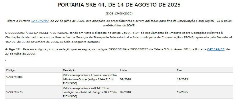 Trecho da Portaria SRE 44 de 2025, alterando a Portaria CAT 147/09. Tabela detalha códigos de ajuste fiscal SP90090104 e SP90090278 com vigência até 2025.