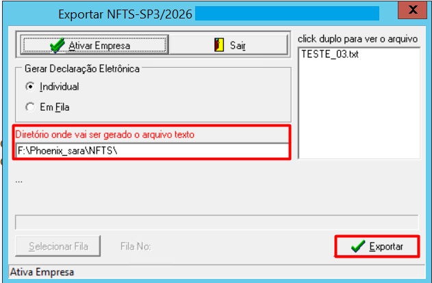 Janela de exportação NFTS-SP no sistema, mostrando o diretório do arquivo de texto e o botão "Exportar" em destaque para gerar a declaração.