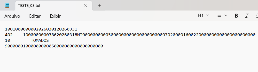Bloco de notas exibindo o conteúdo estruturado do arquivo "TESTE_03.txt", com linhas de códigos numéricos referentes à exportação da NFTS.