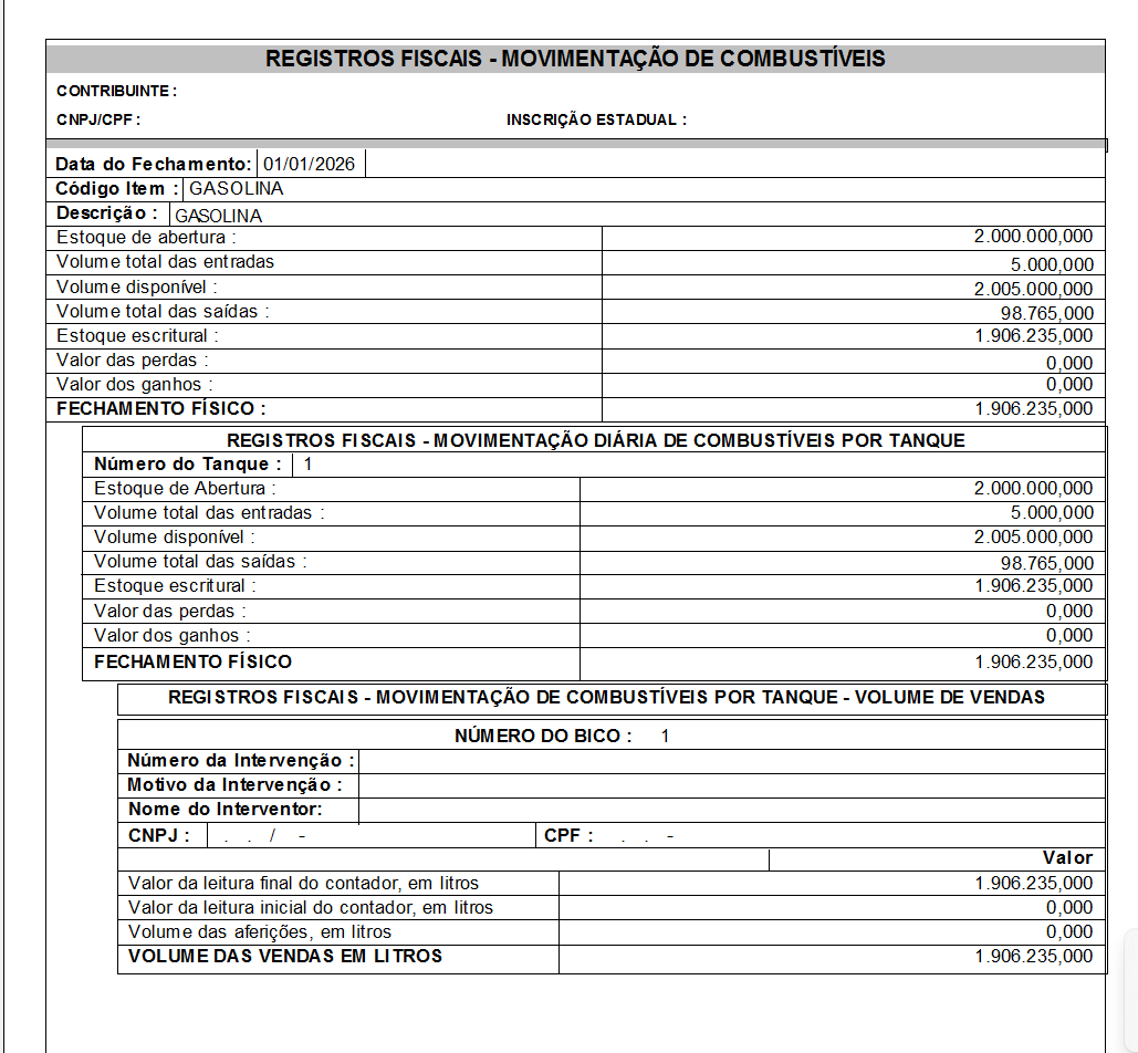 Relatório de Registros Fiscais consolidando a movimentação diária, estoques e volumes de vendas por bico e tanque de combustível.