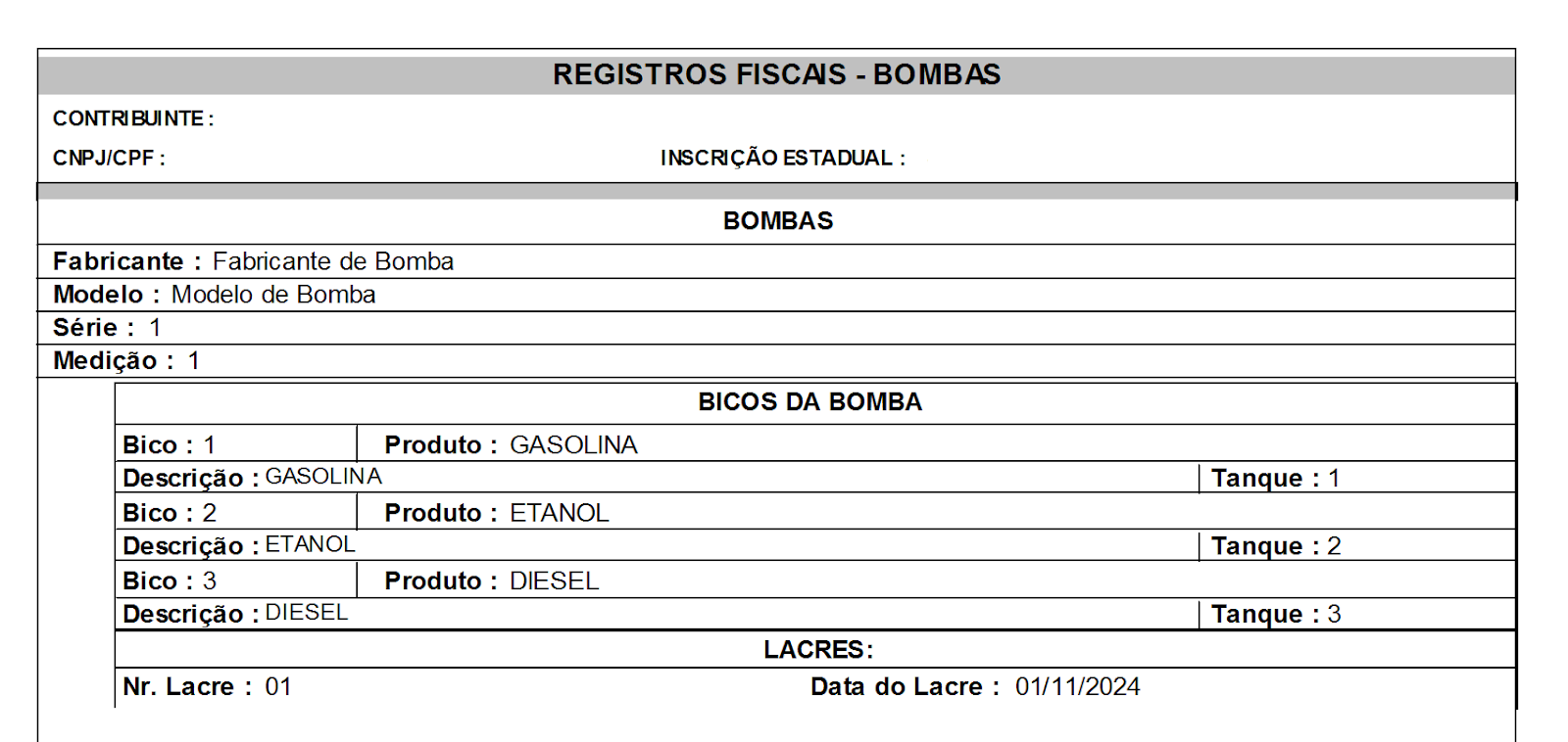 Relatório de Registros Fiscais das Bombas, listando fabricante, modelo, série, bicos associados aos produtos e dados dos lacres.
