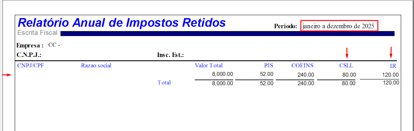 Relatório Anual de Impostos Retidos por Destinatário