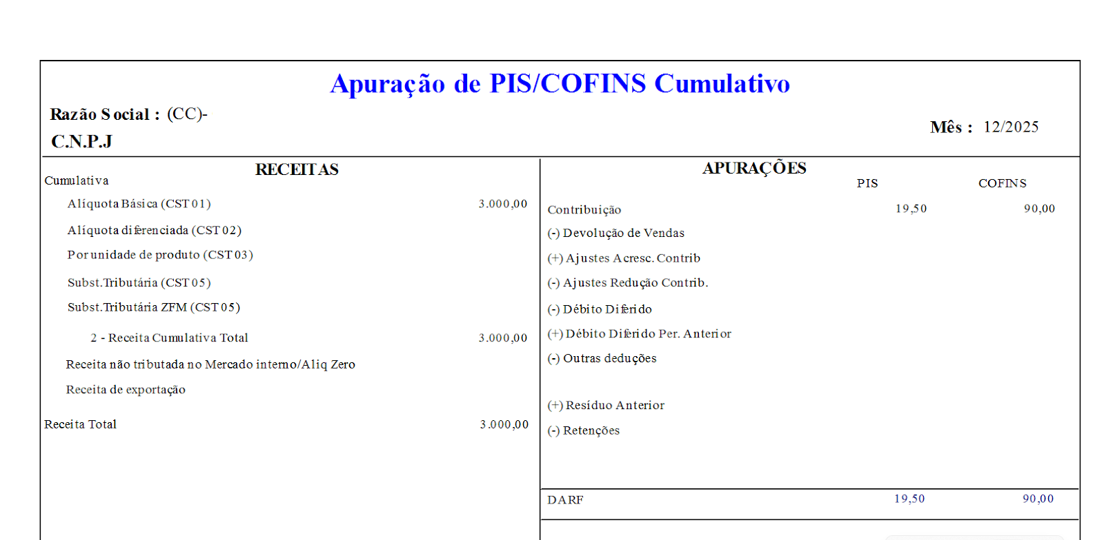 Demonstrativo de Apuração de PIS/COFINS no G5