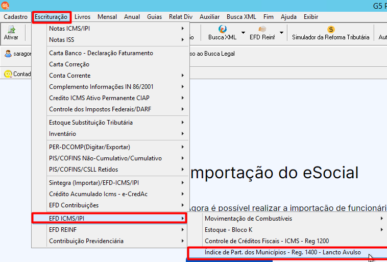 Menu Escrituração > EFD ICMS/IPI > Índice de Part. dos Municípios - Reg. 1400 - Lancto Avulso.