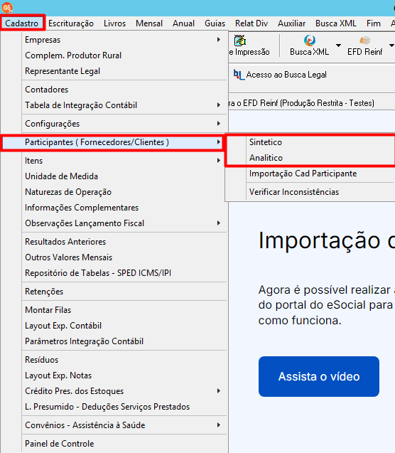 Menu Cadastro > Participantes (Fornecedores/Clientes) > Sintético no sistema G5.