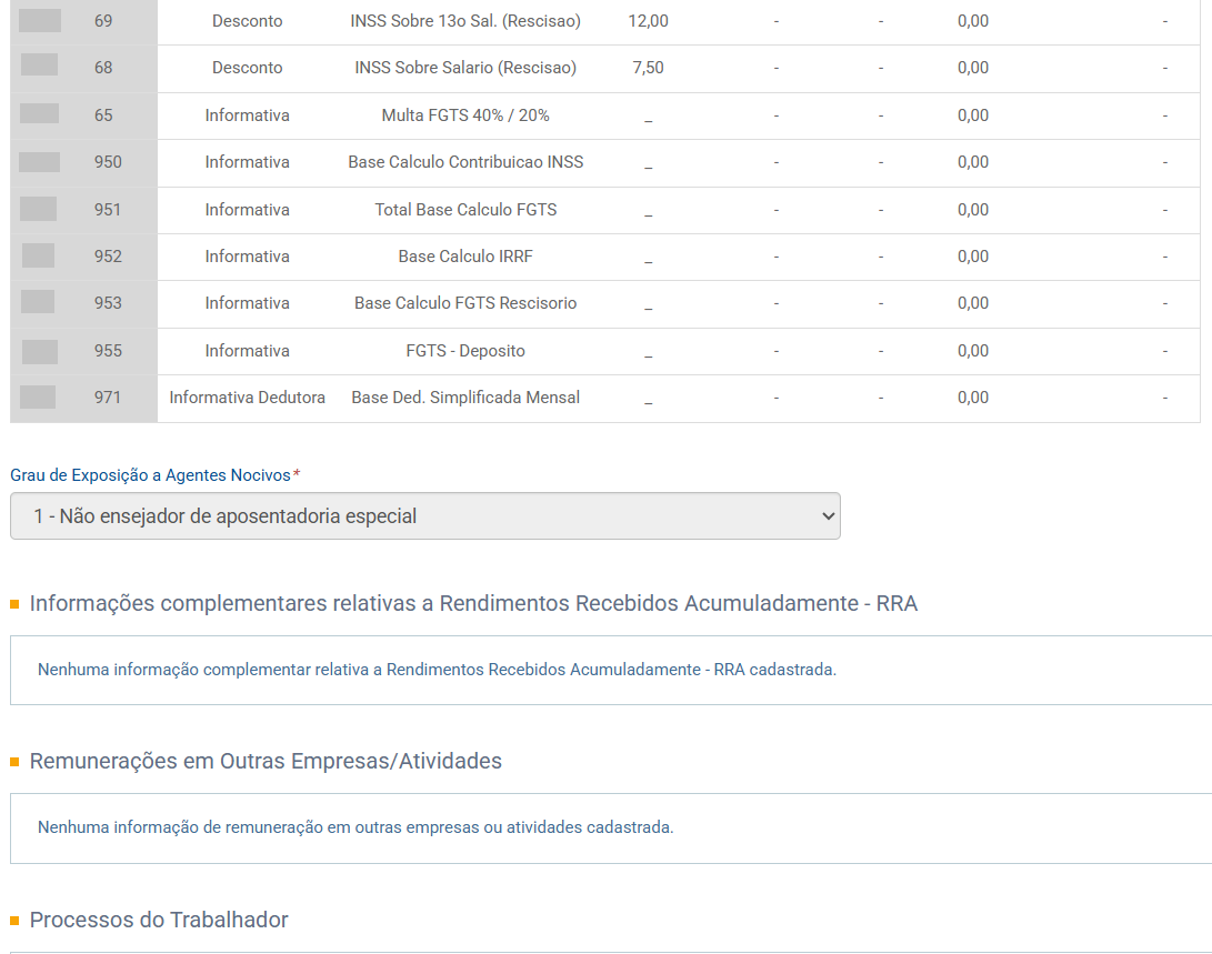 Continuação da tabela de rubricas com itens informativos de FGTS, IRRF e bases de cálculo da contribuição.