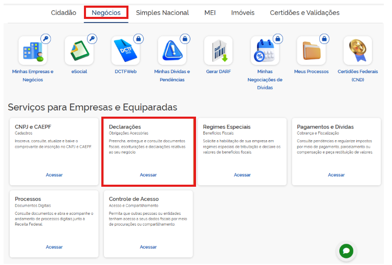 Tela do portal de serviços com a aba 'Negócios' ativa e destaque na opção 'Declarações' para acesso às obrigações acessórias.