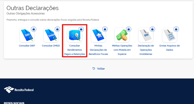 Seção 'Outras declarações' com destaque no ícone 'Consultar rendimentos pagos e retenções' para acesso ao serviço de consulta.