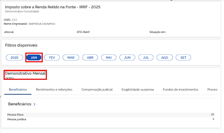 Barra de filtros de meses com a opção 'Jan' selecionada e destaque no título 'Demonstrativo mensal' referente a janeiro.