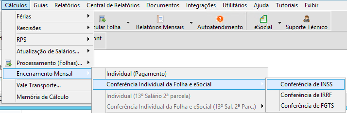 Menu do sistema Contmatic aberto em Cálculos > Encerramento Mensal > Conferência Individual da Folha e eSocial > Conferência de INSS.
