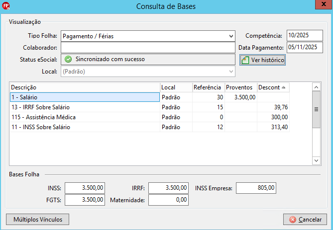 Detalhamento na tela Consulta de Bases, listando proventos, descontos e consolidação das bases de cálculo para tributos e encargos.