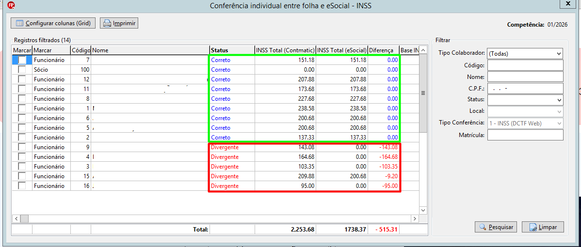 Tela de conferência de INSS mostrando lista de funcionários com status "Correto" em verde e status "Divergente" destacado em vermelho.